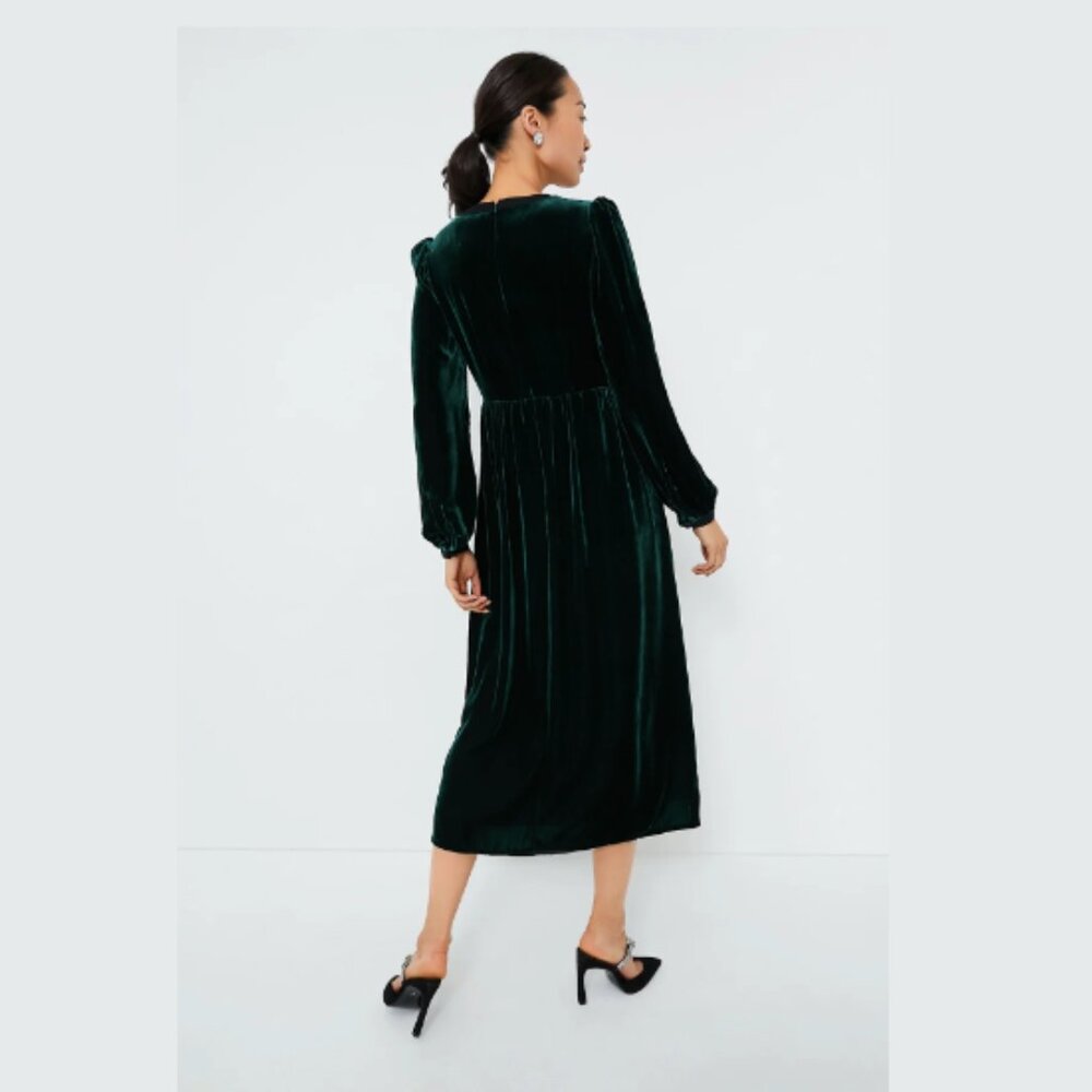 Saloni Camille Racing Green Velvet Dress 4 Jeweled Bows Midi Feminine Holiday - Picture 4 of 8